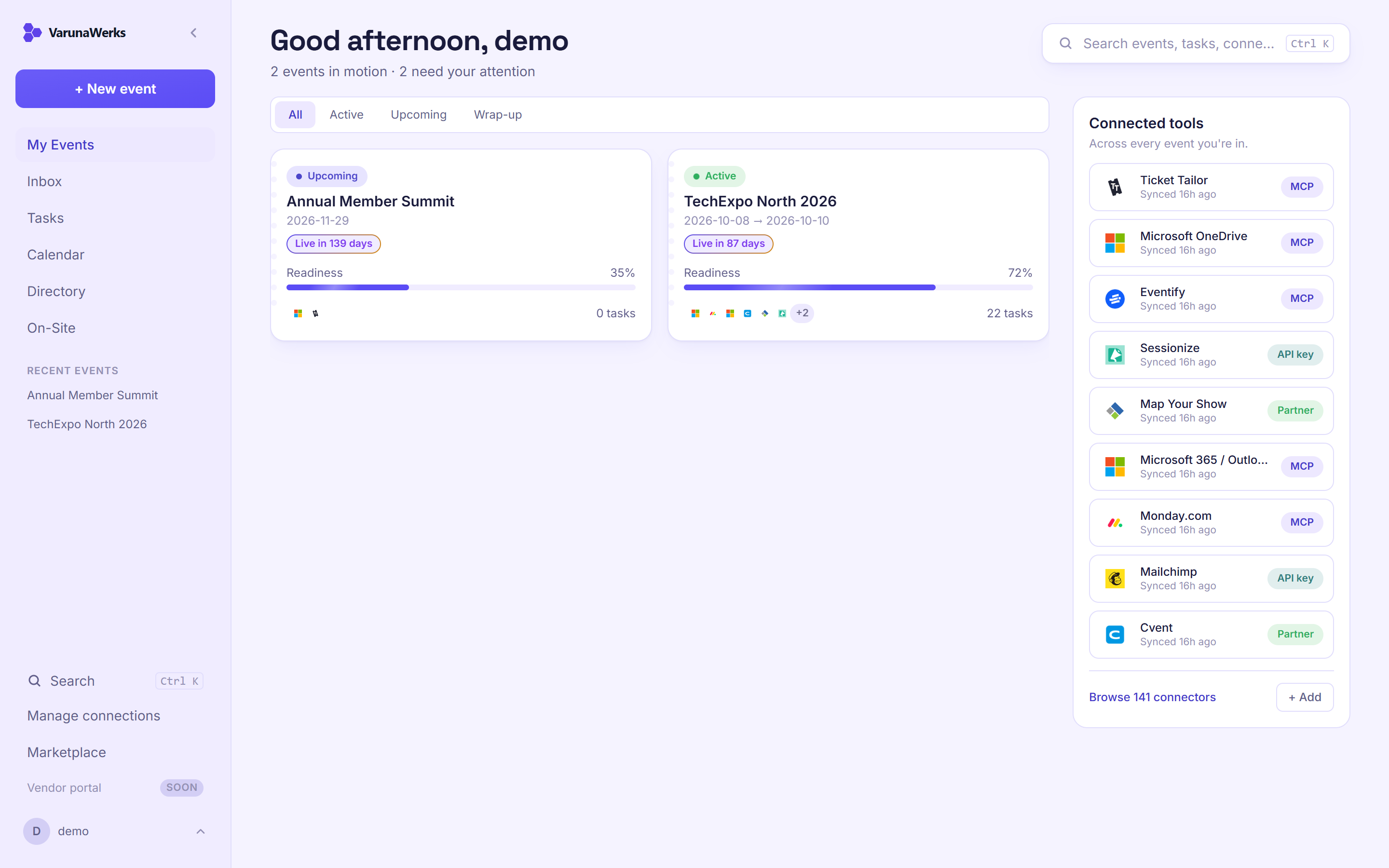 Events home: event cards with readiness bars and the connected tools rail