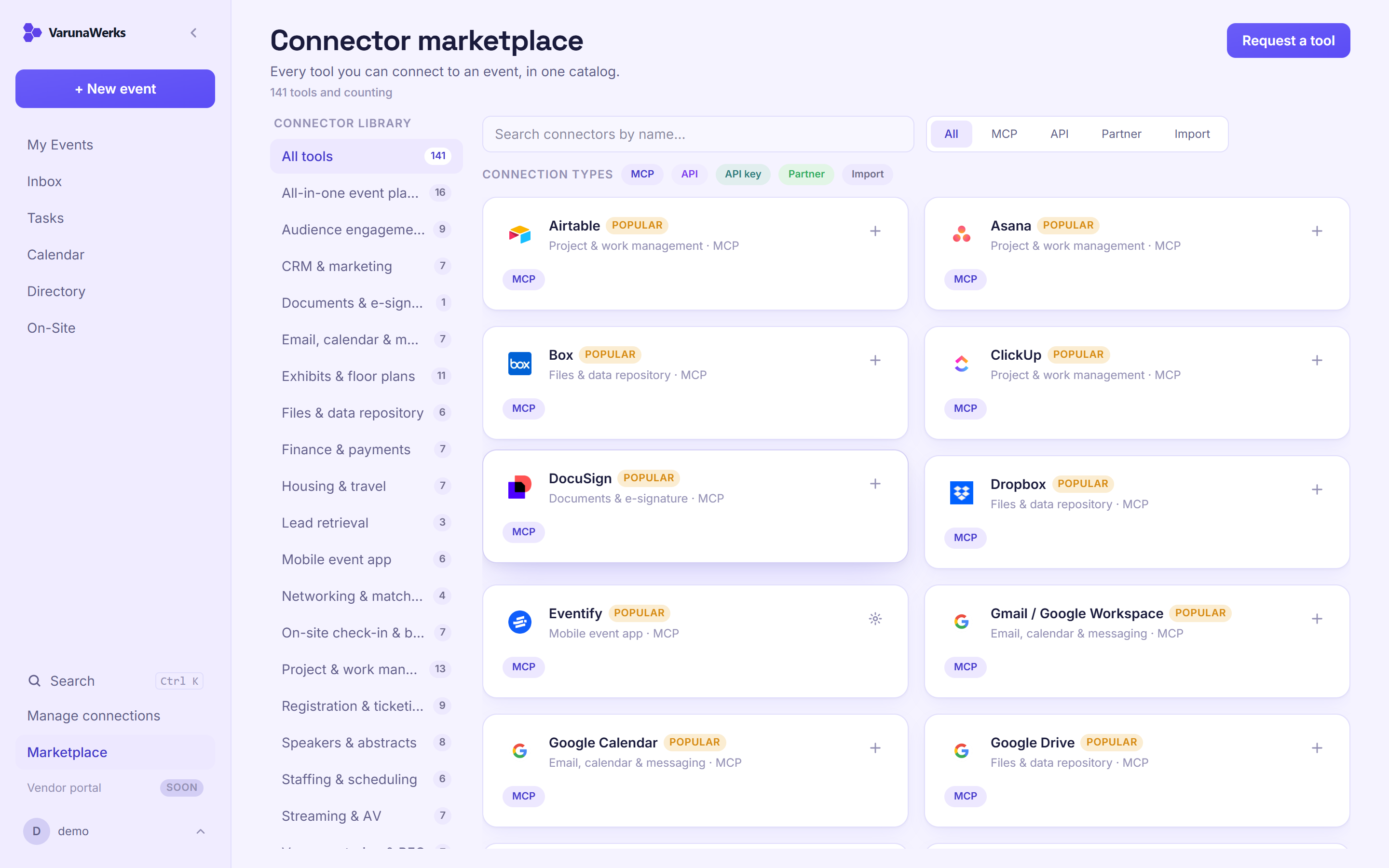 The connector marketplace: 141 event-industry tools, browsable by category and connection type