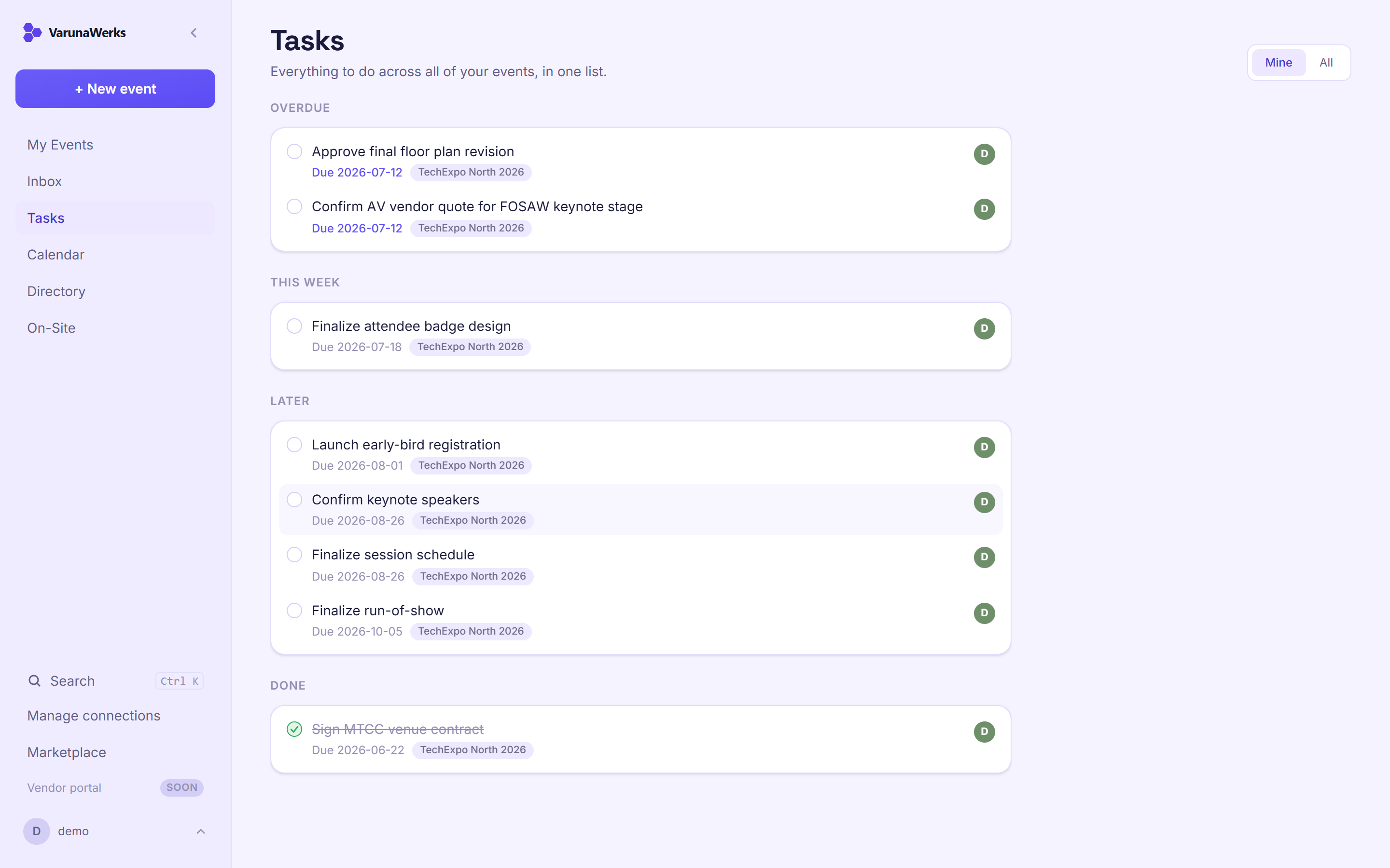 Shared tasks: overdue, this week, and later, tagged by event across the whole production