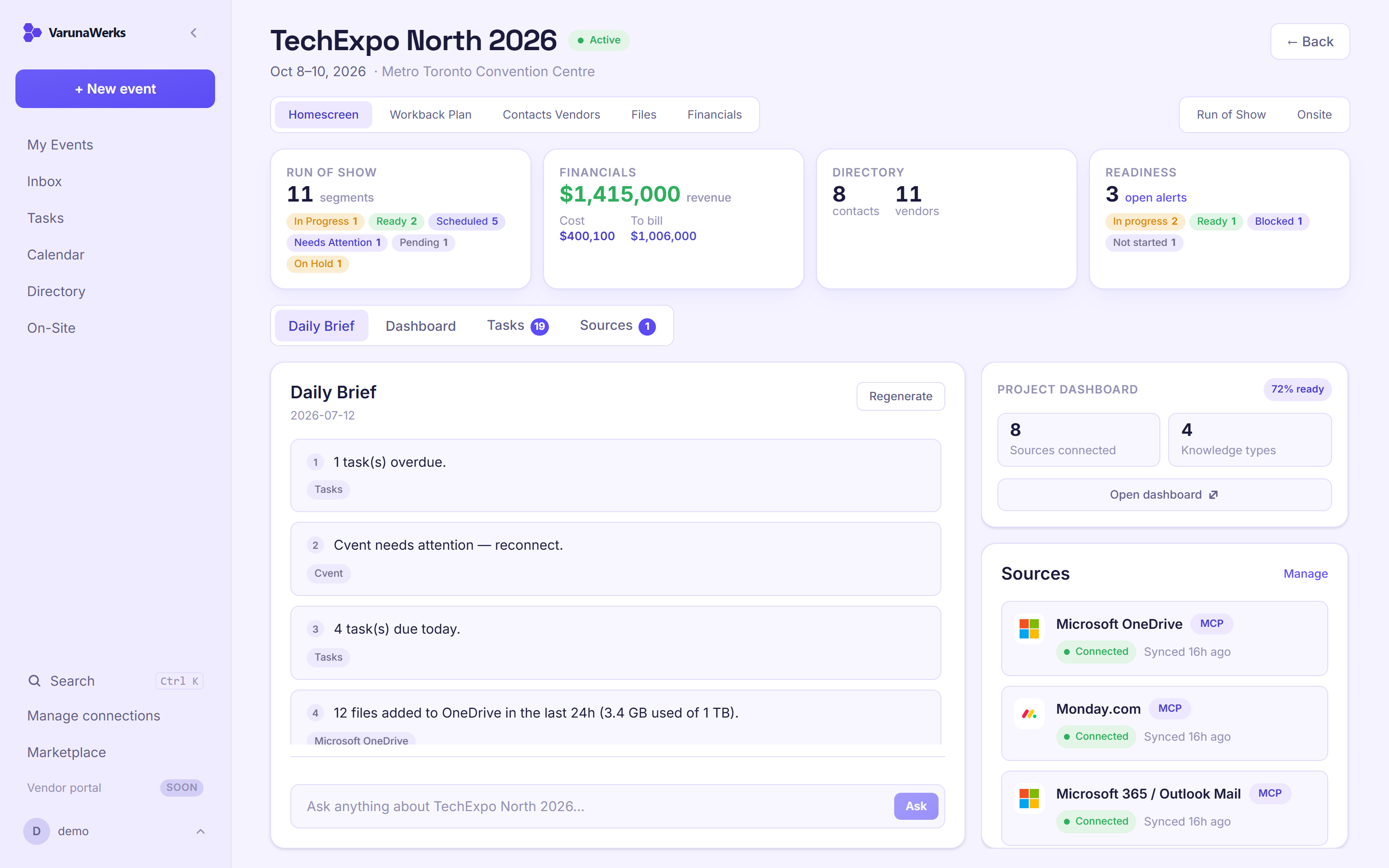 The event workspace's Daily Brief tab: this morning's synthesized read across every connected tool